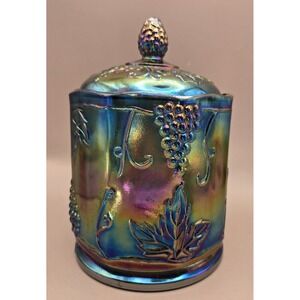 Rare Cookie Jar Vintage Carnival Glass Blue Iridescent Grape Harvest